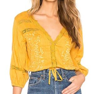 Free People Mustard Embroidered Blouse